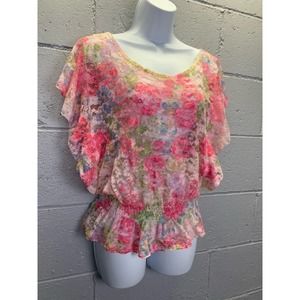 Vintage 1990s Pink Floral Lace Blouse Flutter Sleeves Deb Feminine Boho